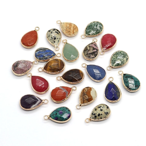 Natural Stone Teardrop Pendant Only (Without Chain) With Gold Alloy Edge Faceted Water Drop Charm For DIY Jewelry Making Accessory