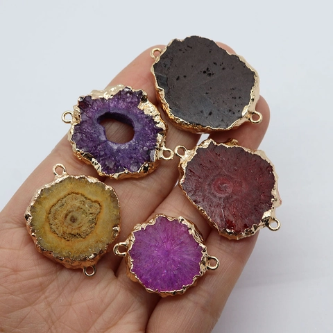Natuurlijke Kristal Druzy Agaat Hanger Connector Onregelmatige Vorm Vergalvaniseerd Goudrand Dubbele Lus Sieraden Maken Accessoires