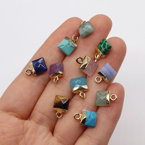 Natural Stone Square Faceted Pendant With Gold Metal Loop DIY Jewelry Making Accessories Various Colors Stone Charm