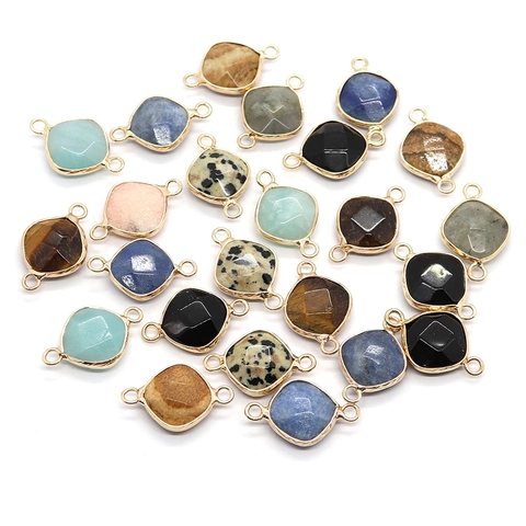 Faceted Natural Stone Rhombus Pendant Connector Gold Plated Alloy Edging For DIY Bracelet Necklace Jewelry Making Finding