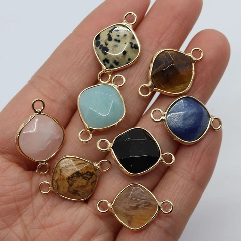 Faceted Natural Stone Rhombus Pendant Connector Gold Plated Alloy Edging For DIY Bracelet Necklace Jewelry Making Finding