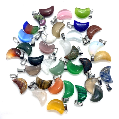 Natural Stone Crescent Moon Shape Pendant With Metal Clip For DIY Necklace Bracelet Jewelry Making Accessories Multicolor Semi Precious Stone Charm