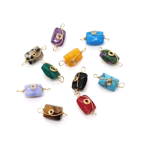 Natural Stone Rectangular Pendant Wire Wrapped Jewelry Finding Golden Copper Wire Spiral DIY Necklace Bracelet Connector