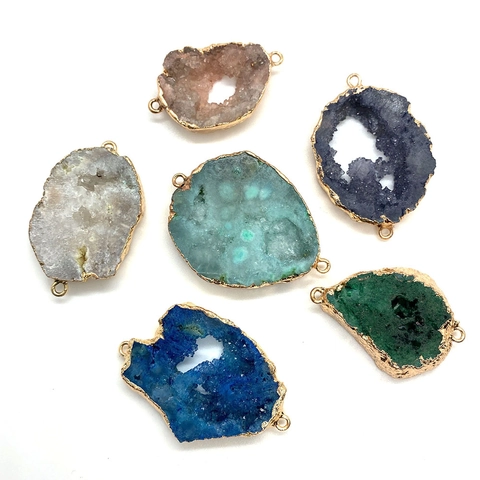 Natürlicher Druzy Achat Geode Verbinder Anhänger Unregelmäßiger Kristallstein Mit Vergoldetem Kupferrand Doppelöse DIY Handwerk