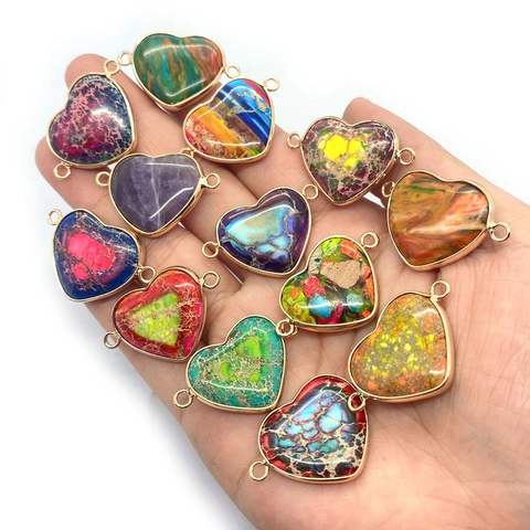 Ciondolo Connettore in Pietra Naturale a Forma di Cuore Doppio Foro Bordo Placcato Oro Accessorio per Creazione Gioielli DIY Pietra Multicolore