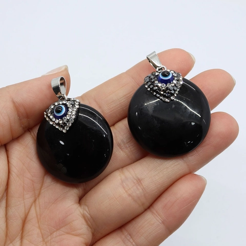 Natürlicher Schwarzer Achat Böser Blick Anhänger Strass Eingelegt Rund Flach Stein Für DIY Schmuckherstellung Ethnisch