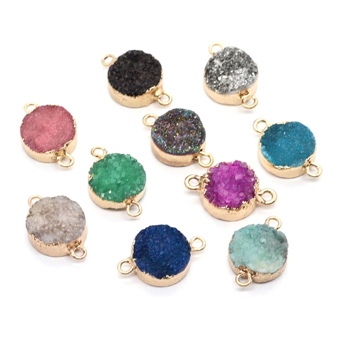 Natural Stone Druzy Crystal Pendant Connector Round Gold Plated Copper Edged Double Hole Charm For DIY Jewelry Making Accessories
