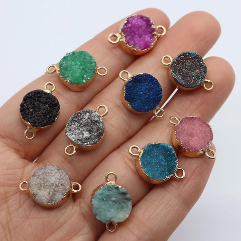 Conectores de Piedra Natural Cristal Druzy Borde Dorado Redondo Doble Bucle Colgantes para Creación de Joyería DIY Pulsera Collar