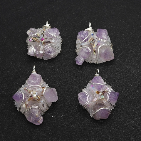 Natural Amethyst Irregular Cross Wire Wrapped Pendant For Jewelry Making Hand Wrapped Crystal Cluster Stone Pendant For Necklace Women Gift