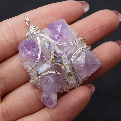 Natural Amethyst Irregular Cross Wire Wrapped Pendant For Jewelry Making Hand Wrapped Crystal Cluster Stone Pendant For Necklace Women Gift