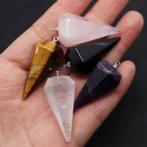 Natural Stone Hexagonal Cone Faceted Pointed Pendant For Necklace DIY Jewelry Making Amethyst Rose Quartz Healing Pendulum