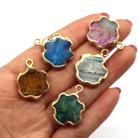 Natural Stone Crystal Flower Pendant Alloy Edging Druzy Charm For DIY Necklace Jewelry Making Accessories