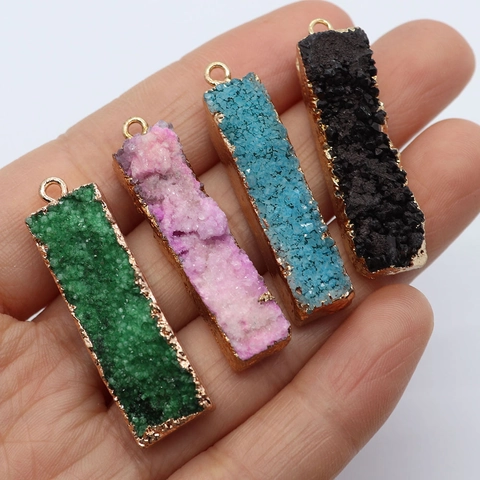 Natural Stone Crystal Druzy Rectangular Pendant With Metal Edging Gold Plated Charm For DIY Jewelry Making Necklaces Accessories
