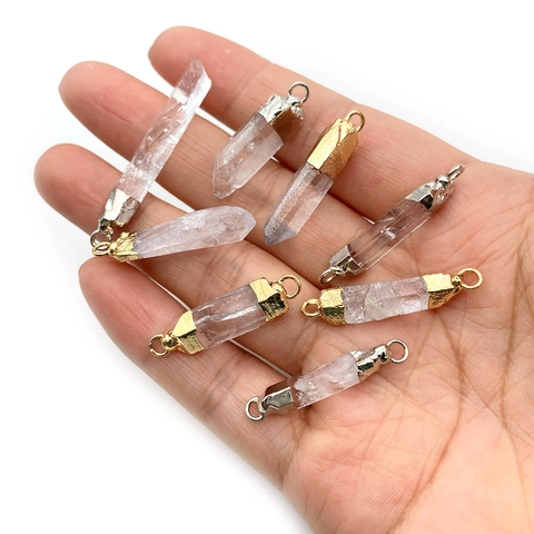 Natural White Quartz Crystal Hexagonal Column Pendant Connector Gold Silver Plated Alloy Charm For DIY Jewelry Making Accessories