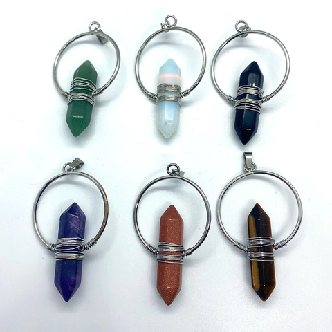 Natural Stone Hexagonal Pillar Pendant Wire Wrapped Round Metal Frame Charm For Jewelry Making Bohemian Vintage Pendant