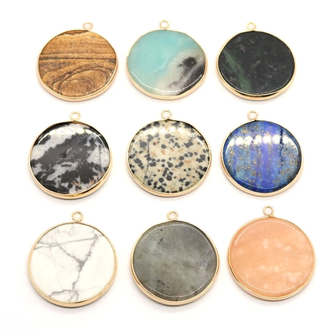 Round Natural Stone Pendant Gold Plated Alloy Edge Charm For DIY Jewelry Making White Turquoise Lapis Lazuli Accessories Gift