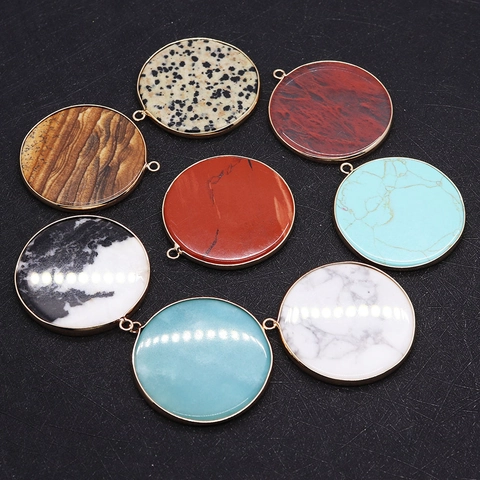 Natural Stone Round Disc Pendant With Gold Plated Copper Edging DIY Necklace Jewelry Finding Pendant Only Without Chain