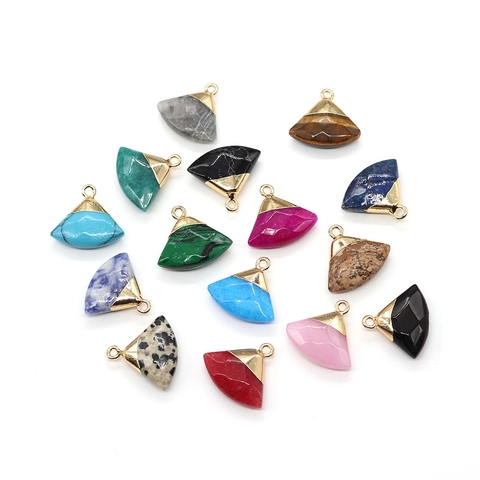 Natural Stone Fan Shaped Pendant Only (Without Chain) For DIY Jewelry Making Gold Plated Metal Edge Bohemian Pendants