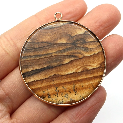 Natural Stone Round Disc Pendant With Gold Plated Copper Edging DIY Necklace Jewelry Finding Pendant Only Without Chain