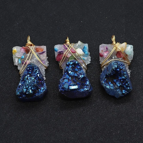 Natural Blue Crystal Irregular Shape Wire Wrapped Pendants Handmade Stainless Steel Mineral Stone Charms For DIY Jewelry Making