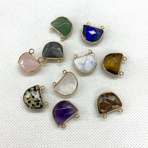 Natural Stone Semicircle D-Shape Pendant Gold Plated Alloy Frame Double Loop Connector For DIY Bracelet Necklace Making Jewelry Findings