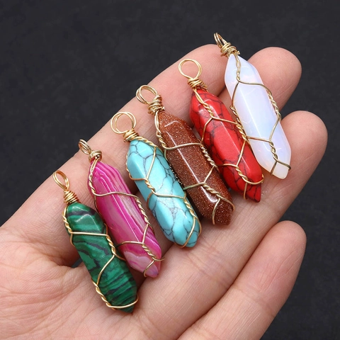 Natuursteen Zeshoekig Prisma Hanger Drahtgewikkeld Kogelvorm Malachiet Opaal Goudsteen Voor DIY Sieraden Maken Accessoires