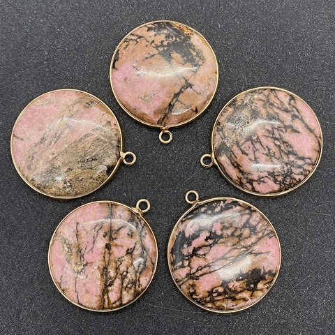 Pendentif Plat Rond en Pierre Naturelle Texture Rose Noir Connecteur Bordure Plaqué Or Pour Fabrication de Bijoux DIY Collier