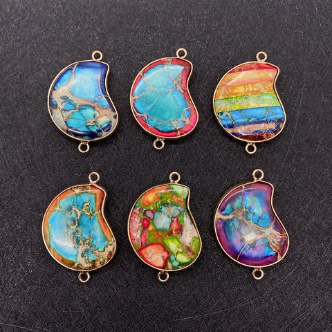 Natural Imperial Jasper Stone Irregular Pea Shape Pendant Gold Copper Plated Double Loop Connector For DIY Jewelry Making Finding