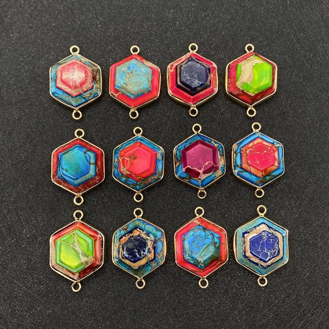 Hexagonal Natural Stone Imperial Jasper Pendant Double Hole Connector Natural Stone Electroplated Alloy Edging DIY Jewelry Accessories