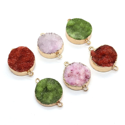 Runder Naturstein Druzy Anhänger 20x28mm Kristall Doppel Loch Galvanisierter Verbinder Für DIY Schmuck Halskette Zubehör
