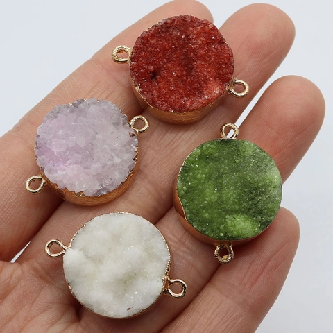 Runder Naturstein Druzy Anhänger 20x28mm Kristall Doppel Loch Galvanisierter Verbinder Für DIY Schmuck Halskette Zubehör