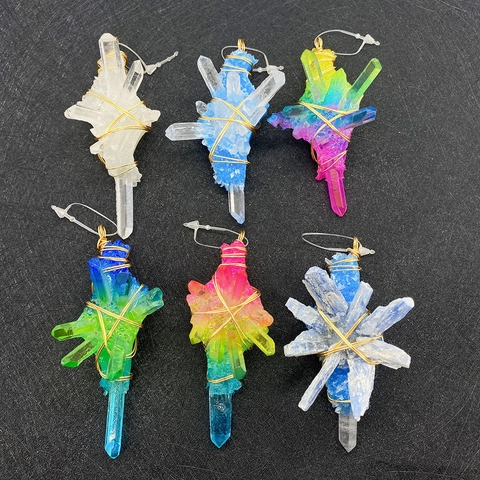 Handmade Wire Wrapped Natural Stone Crystal Cluster Pendant Colorful Gradient Mineral Druzy DIY Jewelry Making Accessory For Women