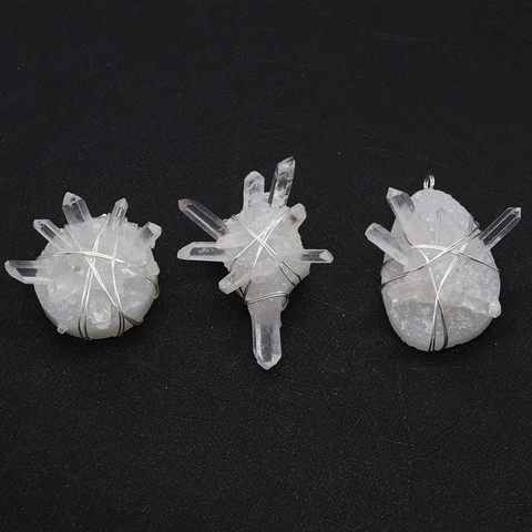 Irregular Natural White Crystal Cluster Pendant Hand Wire Wrapped Silver Tone DIY Stone Charms Jewelry Making Accessory