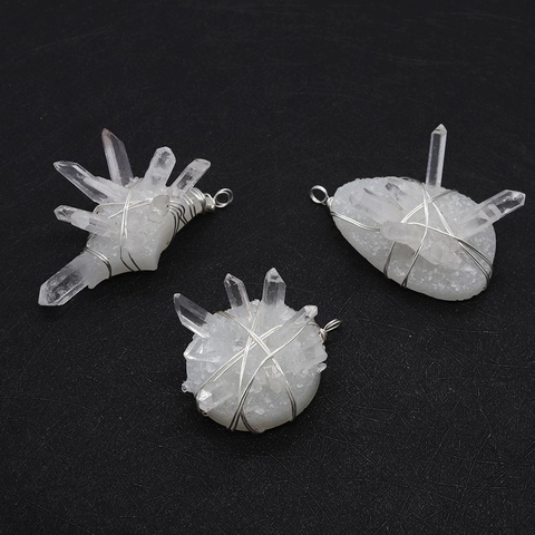 Natural Clear Quartz Crystal Cluster Hand Wrapped Wire Pendant Irregular Stone For DIY Necklace Jewelry Making Accessory