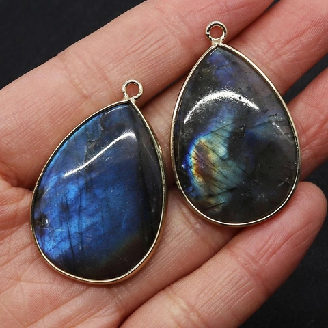 Wassertropfen Natürlicher Labradorit Anhänger Goldbeschichtetes Kupfer Bezel Schmuckherstellung Zubehör Für DIY Halskette Damen Herren