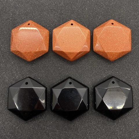 Hexagon Faceted Natural Stone Pendant Goldstone Black Agate Geometric Charm For DIY Jewelry Making Pendant Only Without Chain
