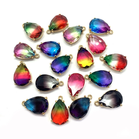 Faceted Crystal Waterdrop Pendant With Gold Plated Alloy Frame Gradient Color Teardrop Charm For DIY Jewelry Necklace Making