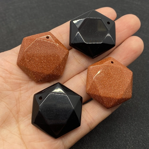 Hexagon Faceted Natural Stone Pendant Goldstone Black Agate Geometric Charm For DIY Jewelry Making Pendant Only Without Chain