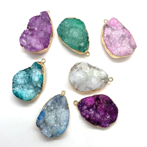 Irregular Natural Crystal Stone Druzy Geode Droplet Pendant With Gold Electroplated Edging For DIY Jewelry Making Accessories