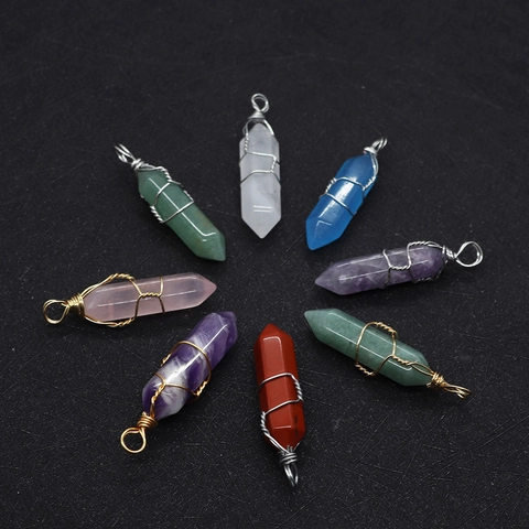 Natuursteen Zeshoekige Pilaar Hanger Draad Omwikkeld Kristal Kogelvorm Voor DIY Ketting Maken Sieraden Accessoires
