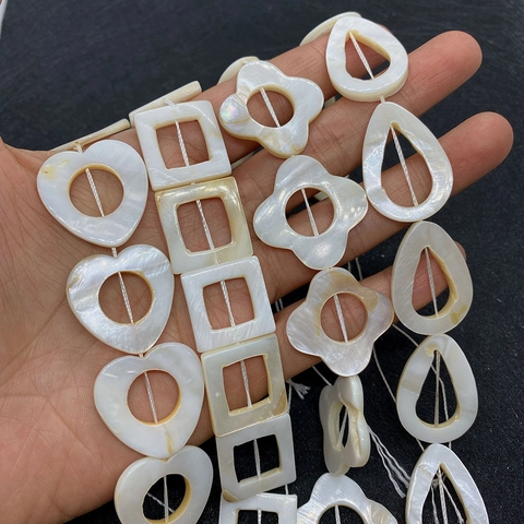 Natural White Mother Of Artificial Pearl Shell Beads Hollow Square Heart Waterdrop Shape Loose Beads For DIY Jewelry Making Necklaces