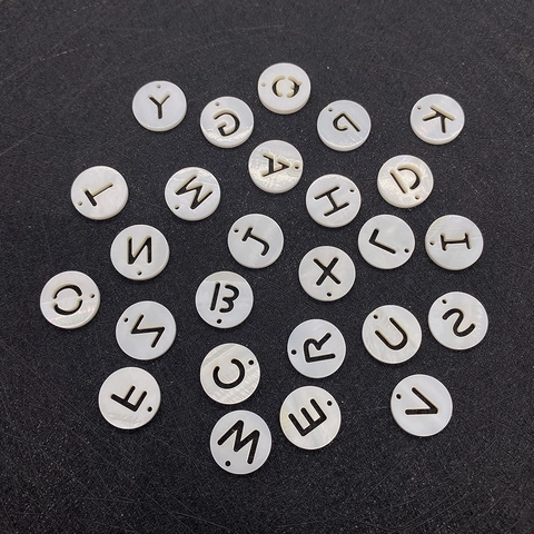 Natural Shell Beads 12mm Round Hollow English Letter Charms Artificial Pearl White Shell Pendants For DIY Necklace Jewelry Making