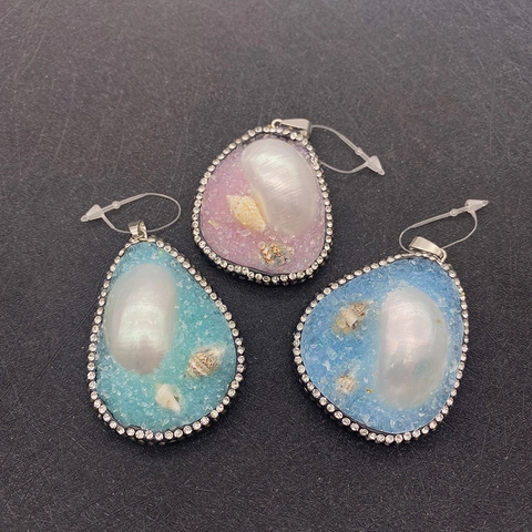 Natural Shell Resin Teardrop Pendant With Artificial Pearl Rhinestone Bohemian Jewelry Making Accessory For DIY Necklace Women