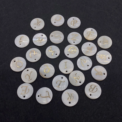 Natural White Mother Of Artificial Pearl Shell Round Disc Alphabet Letter Pendant Gold Tone Charm For DIY Jewelry Necklace Making