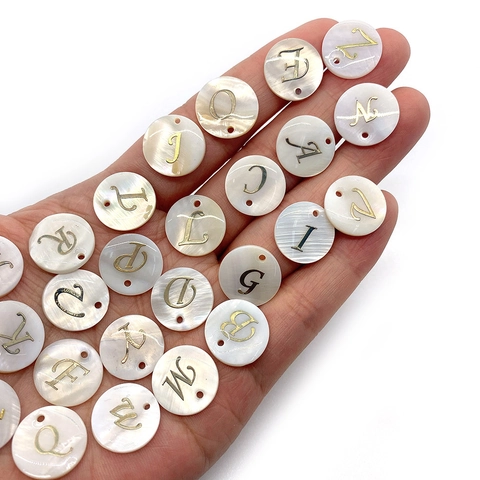 Natural White Mother Of Artificial Pearl Shell Round Disc Alphabet Letter Pendant Gold Tone Charm For DIY Jewelry Necklace Making