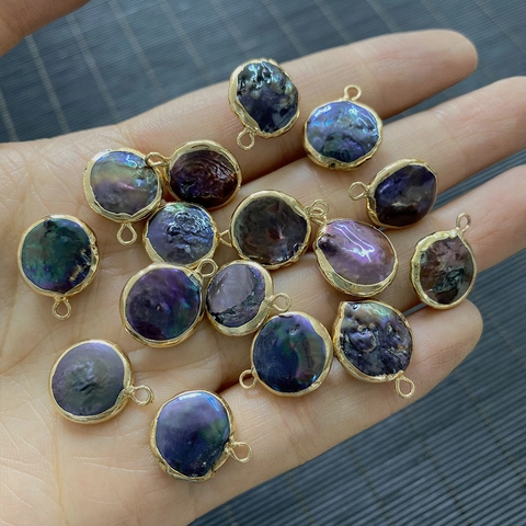 Natural Freshwater Pearl Pendant Purple Round Flat Baroque Gold Edged Single Hole DIY Jewelry Making Charm Accessory