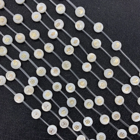 Natuurlijke Witte Schelpkralen Rond Plat Schijfvorm Goud Bedrukt Hamsa Hand Levensboom Klaver Symbolen DIY Sieraden Maken Kralen