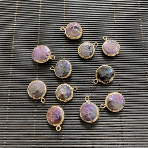 Natural Freshwater Pearl Pendant Purple Round Flat Baroque Gold Edged Single Hole DIY Jewelry Making Charm Accessory