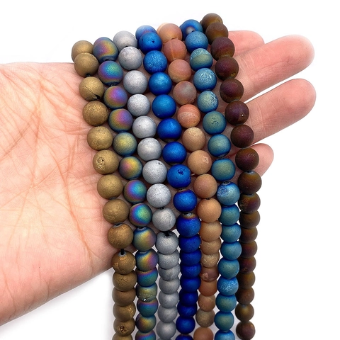 Natural Stone Electroplated Druzy Agate Beads Round Matte Loose Beads For DIY Necklace Bracelet Jewelry Making Accessories