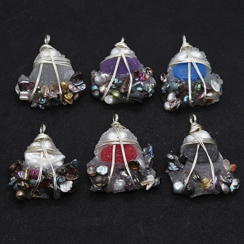 Handmade Wire Wrapped Natural Freshwater Pearl Resin Druzy Stone Pendant For Jewelry Making Bohemian Women Pendant Only